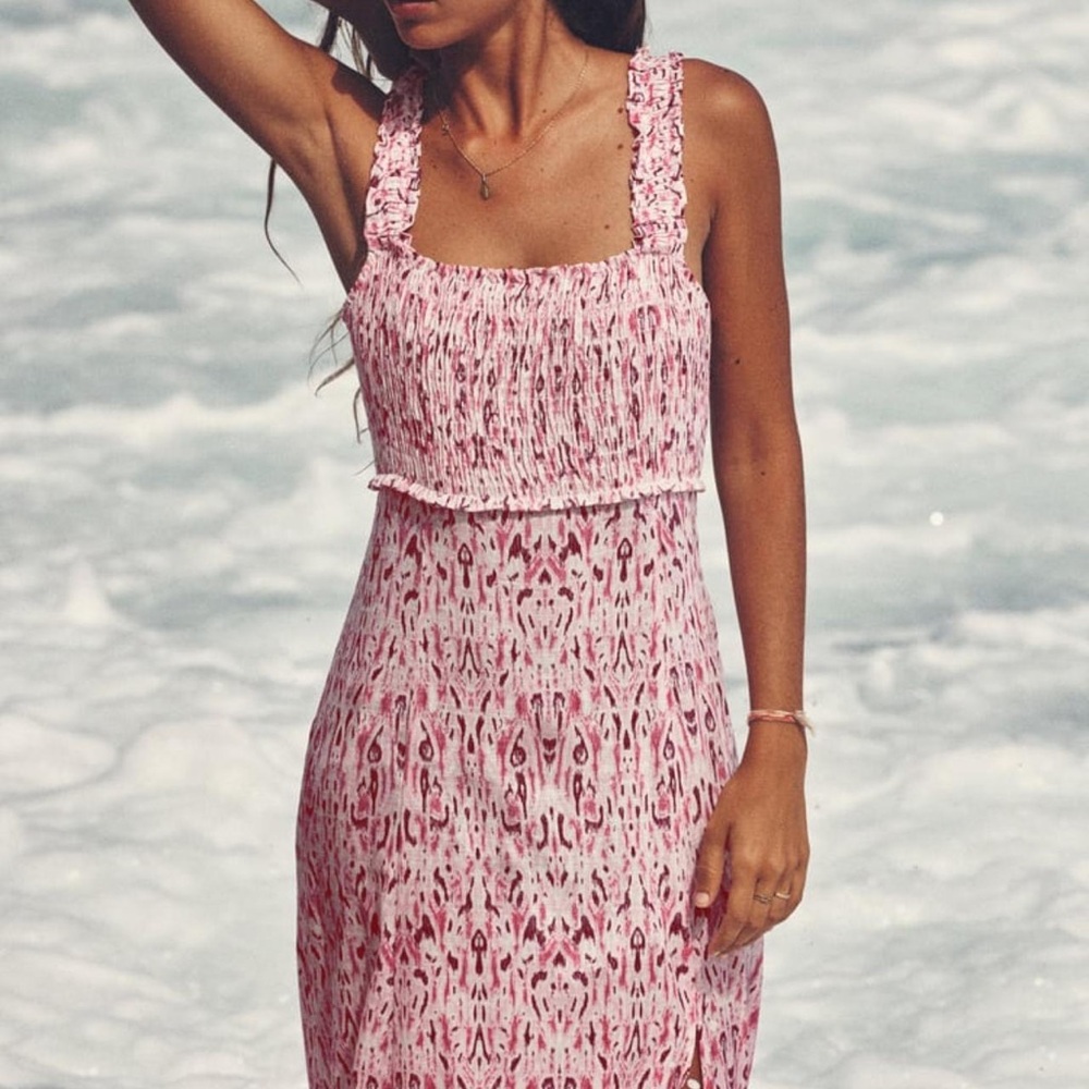 Zara Linen Blend Printed Midi Dress XS